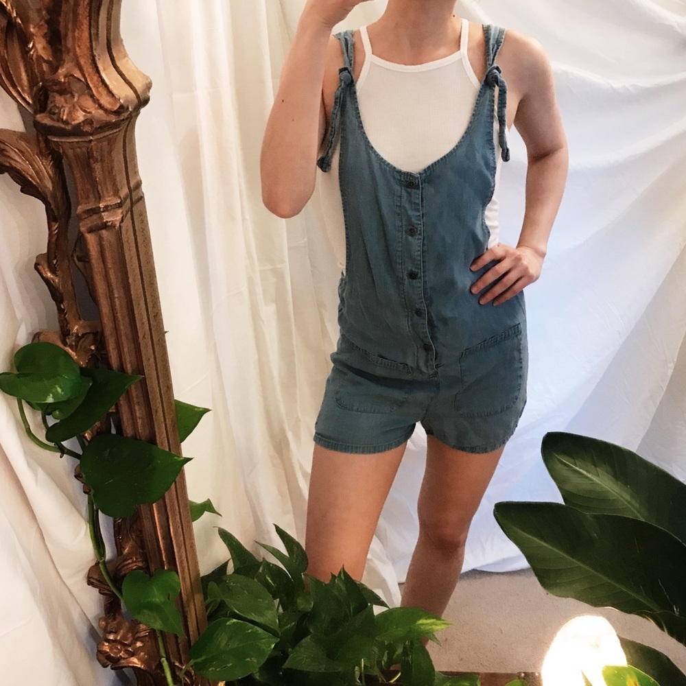 Boho romper overalls in light wash denim